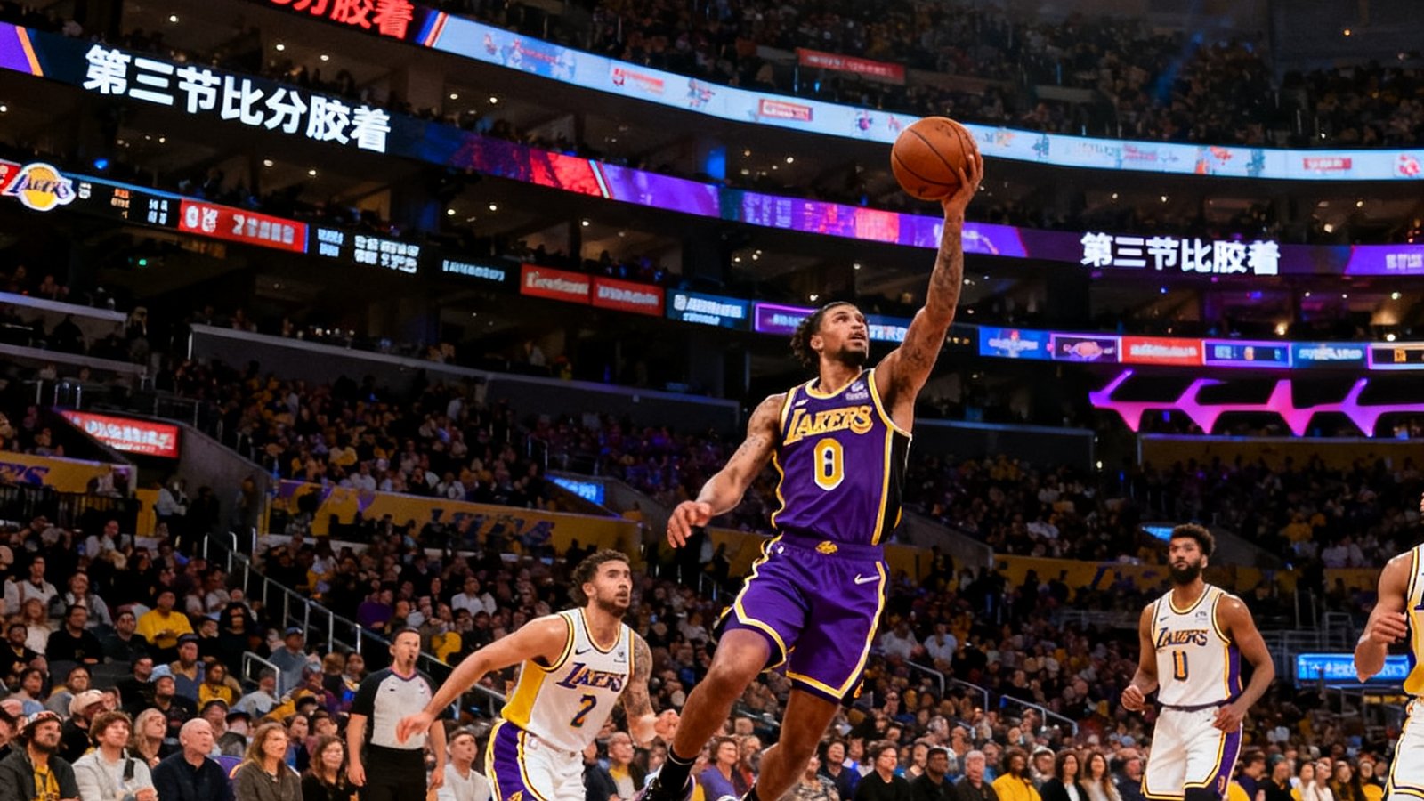 NBA常规赛直播画面，洛杉矶湖人队主场斯台普斯中心座无虚席，紫金色球衣的球员正在快攻上篮，电子记分牌显示第三节比分胶着，场地灯光璀璨，观众席爆满
